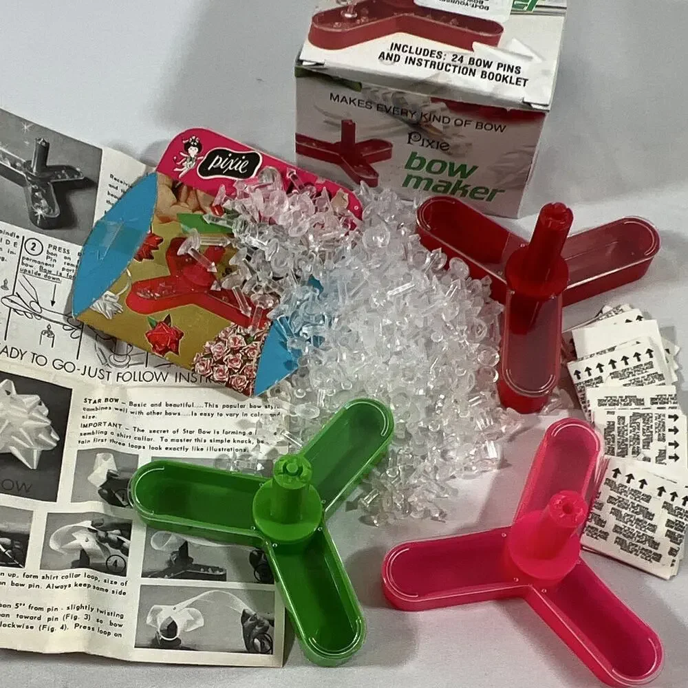 Vintage BIG LOT Pixie Bow Maker Kit 100s Bow Pins & Instructions Green Pink Red